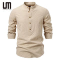 Liu Ming 2025 Popular Men's Solid Cotton Shirts Good Quality Summer Casual Half Button Long Sleeve Stand for Spring for Social