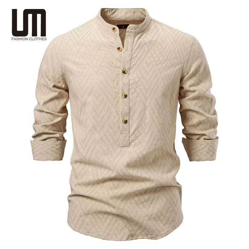 Liu Ming 2025 Popular Men's Solid Cotton Shirts Good Quality Summer Casual Half Button Long Sleeve Stand for Spring for Social