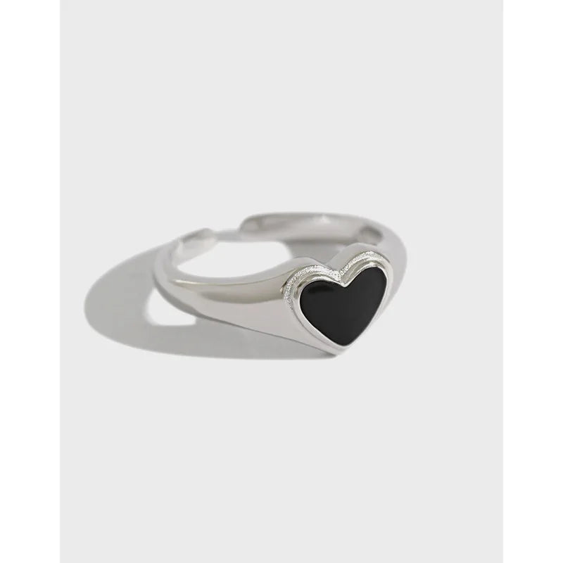 S925 Sterling Silver Heart Couples Ring Simple Personality Ring for Men Black Epoxy Lover Gift Rings for  Women Fine Jewelry