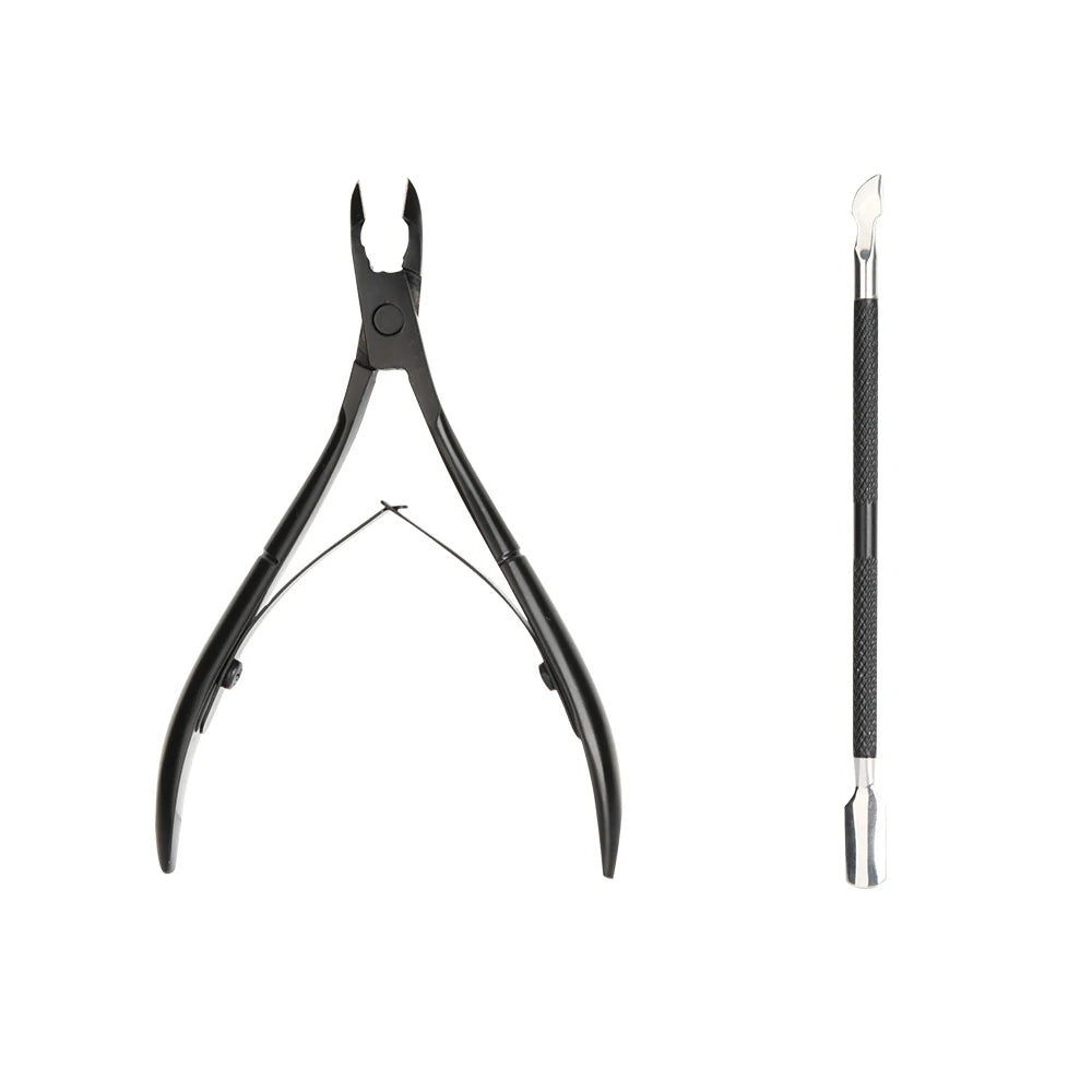 2pcs Black  Professional Manicure Set  Stainless Steel Nail and Cuticle Nipper With Pusher  Customized Color for Toes Fingers