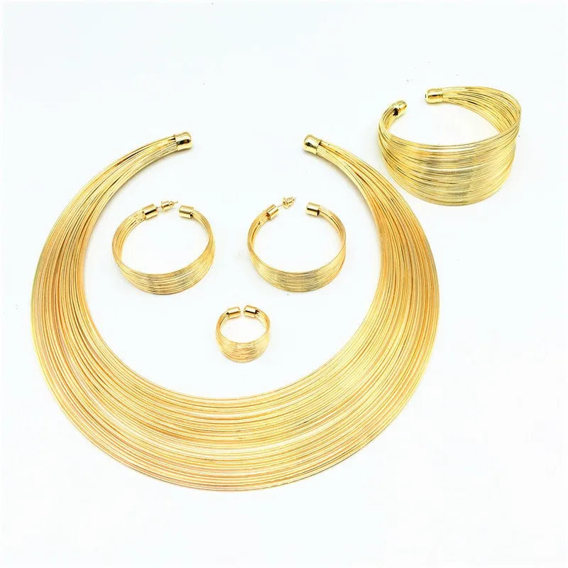 Brass Alloy Metal Wire African Chemical Gold and Silver Plated Necklace Earring Ring and Bracelet Big Jewelry for Women
