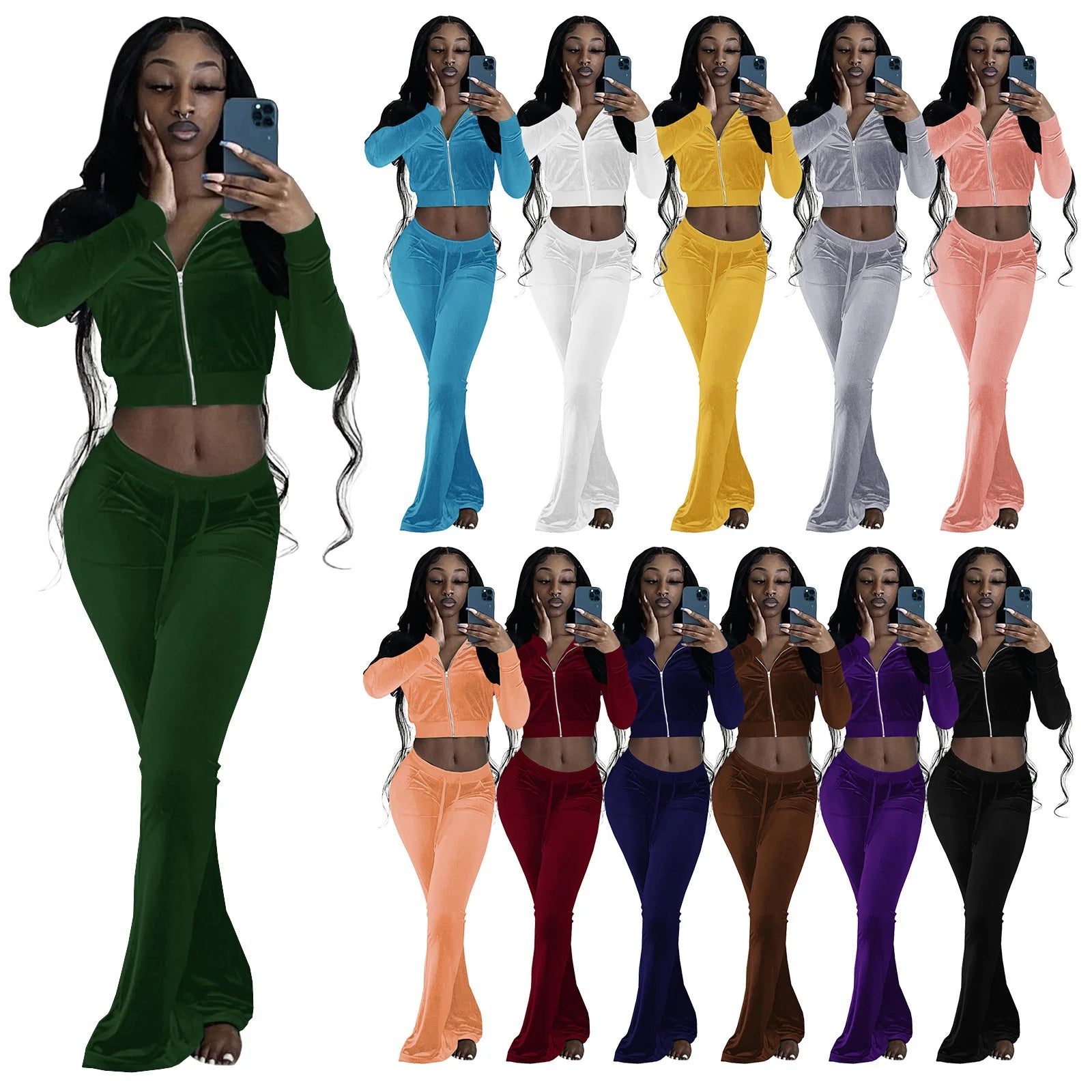 In Stock Long Sleeve Crop Top Jacket Jogger Sweatsuit Velour Tracksuit Velvet Two Piece Flare Pants Set Fall 2024 Women Clothes