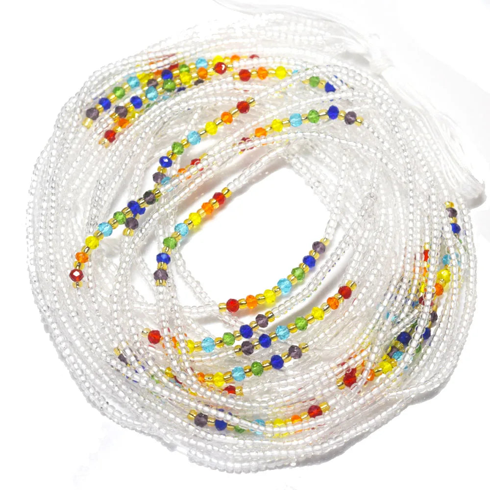 New clear White rainbow Crystals Weightloss Double String Adjustable Tie on African Waist Beads Belly Chain Women Body Jewelry