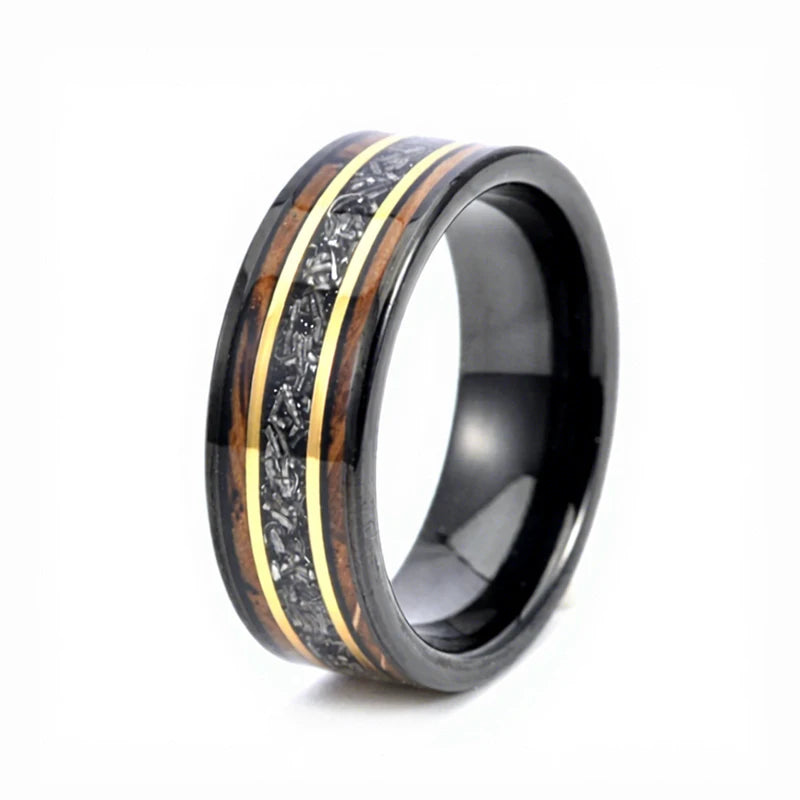 Fashion Trendy Tungsten Carbide Invisible Setting Whiskey Barrel Wood Meteorite Mens Wedding Ring 18K Gold Plated 8mm Certified