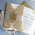 Custom Printed Glitter Band Creative Design Laser Cut Envelope Luxury Ribbon Wedding Birthday Handmade Glitter Invitations