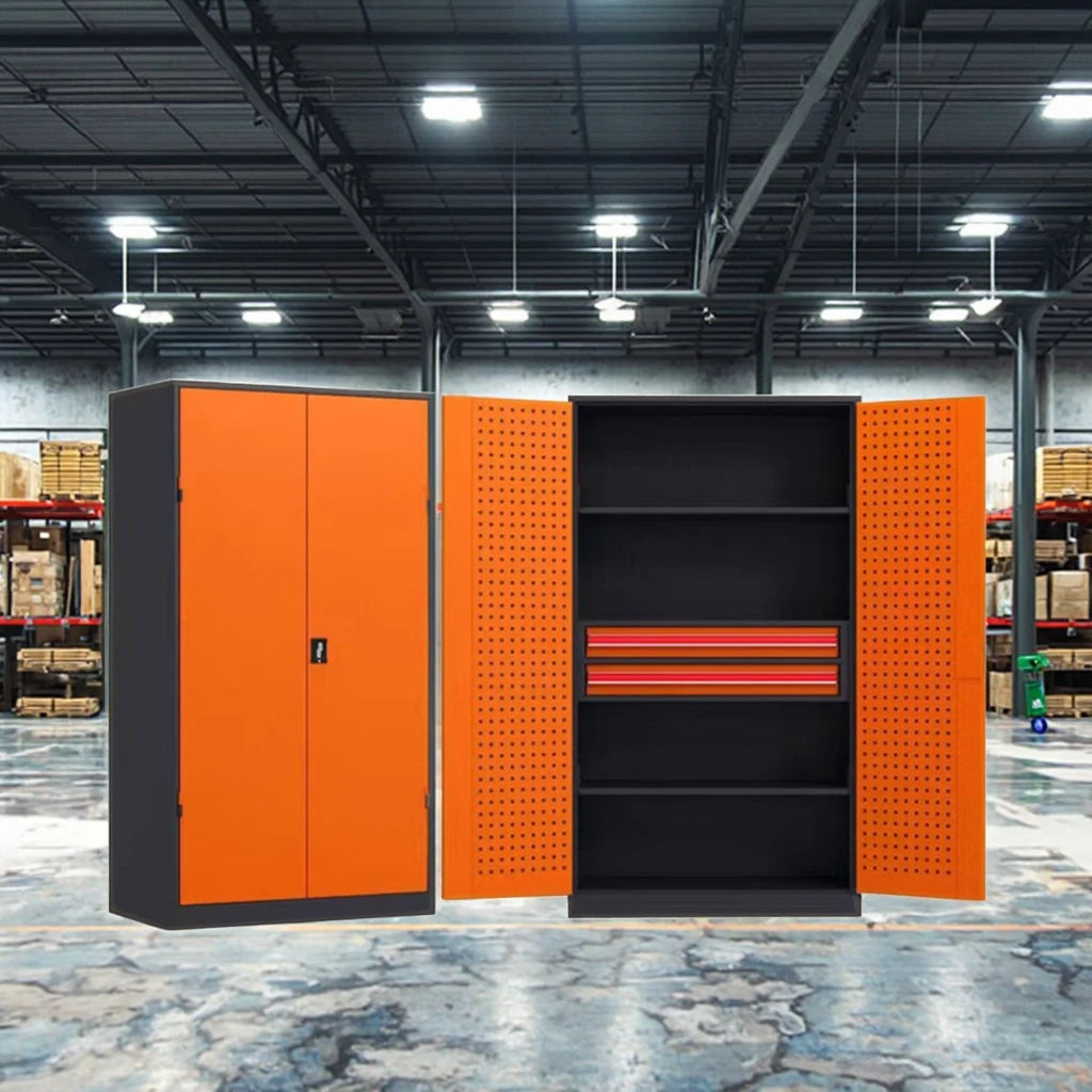 Customizable 2-Door Metal Tall Cabinet for Garage Steel Tool Cabinets with Two Drawers-OEM Support