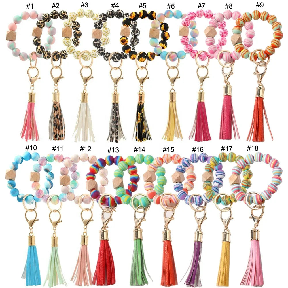 Classic Rainbow Balls Pattern Simple Round Rubber Bead Bracelet Wristlet Keychain Stretchy