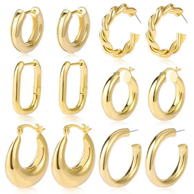 KJ Fashion Custom Geometric Chunky Earrings Gold Plated Huggie Statement Hoop Earrings Set