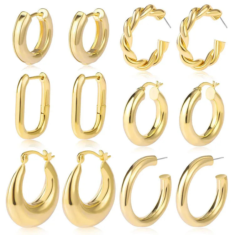 KJ Fashion Custom Geometric Chunky Earrings Gold Plated Huggie Statement Hoop Earrings Set