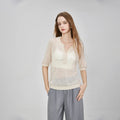 Women's Lightweight Wool Knit Henley Sweater Breathable Solid Color Pullover with Ribbed Cuffs Hem Casual Style