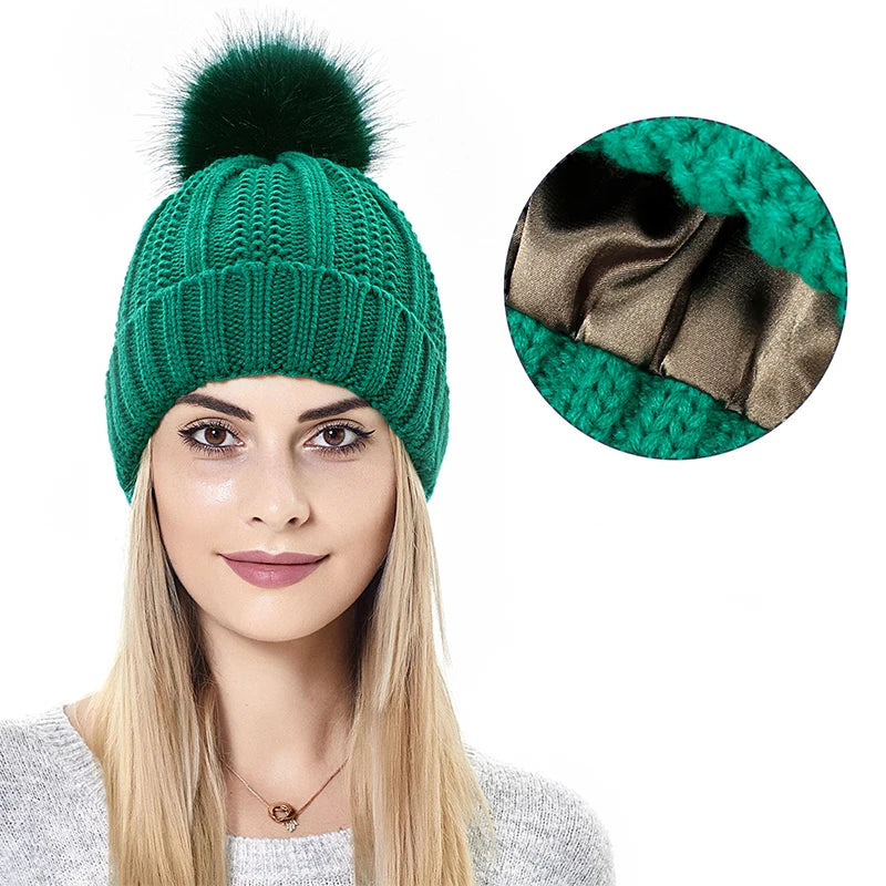 Hot Selling Warm Knit Beanie Hats Custom logo Satin Lined Beanie Ribbed Striped Winter Hats for Women