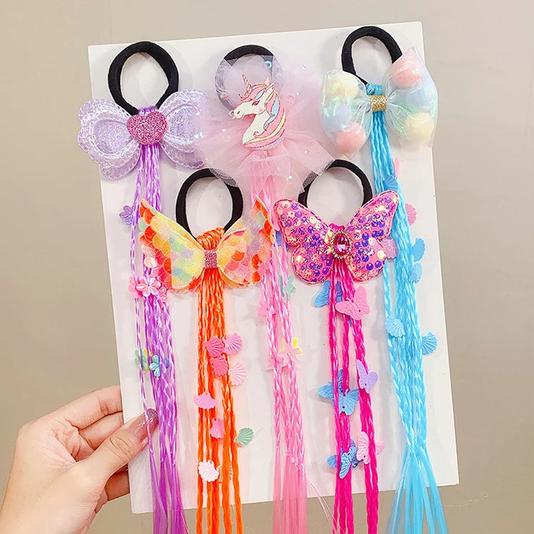 Wholesale Children's Wig Hair Ties Sweet Cartoon Headdress High Elastic Scrunchies 6 Colors Kids Hair Rubber Band