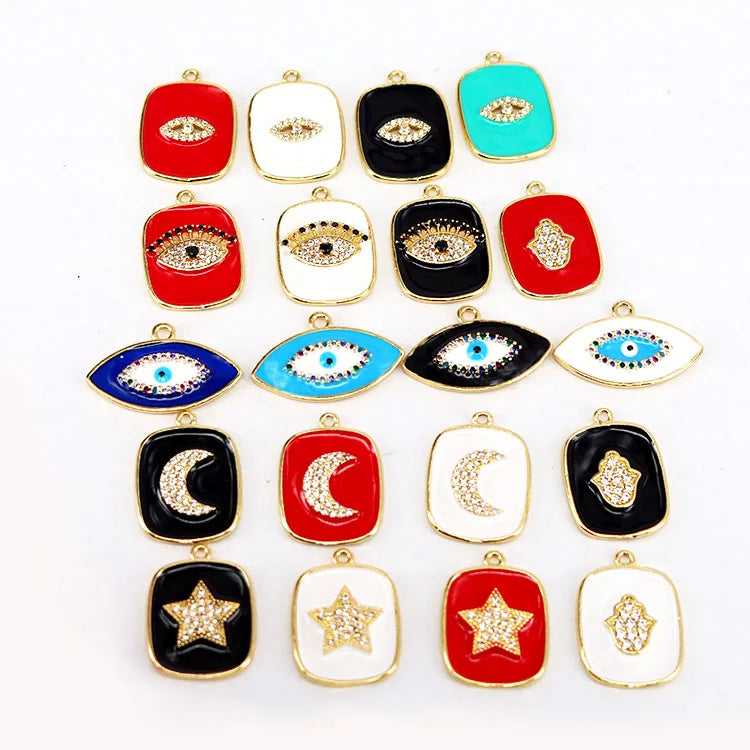 CZ7982 Chic Enamel Blue Red White Black CZ Micro Pave Star Moon Eye Rectangle Pendants