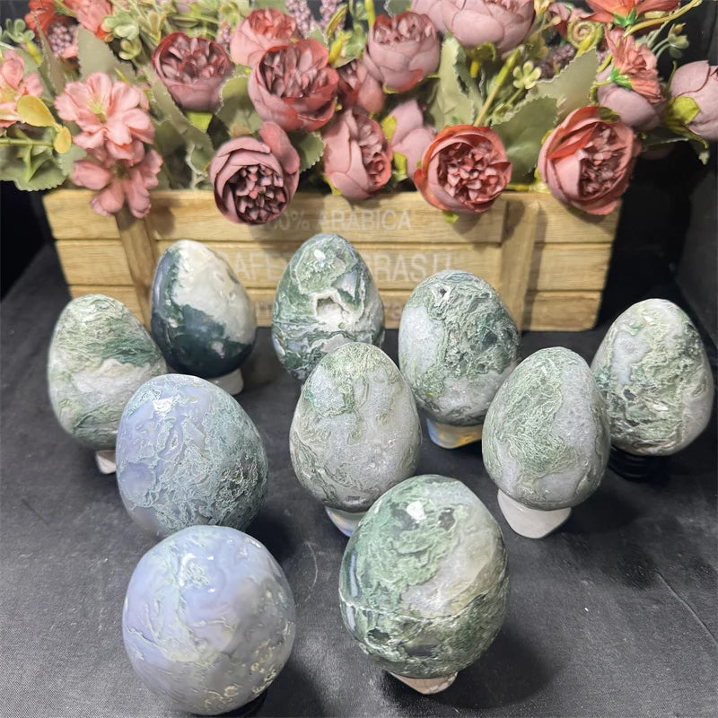 Hot Sale  Natural Crystal Stone Healing Moss Agate Egg Carving  for Fengshui Decoration