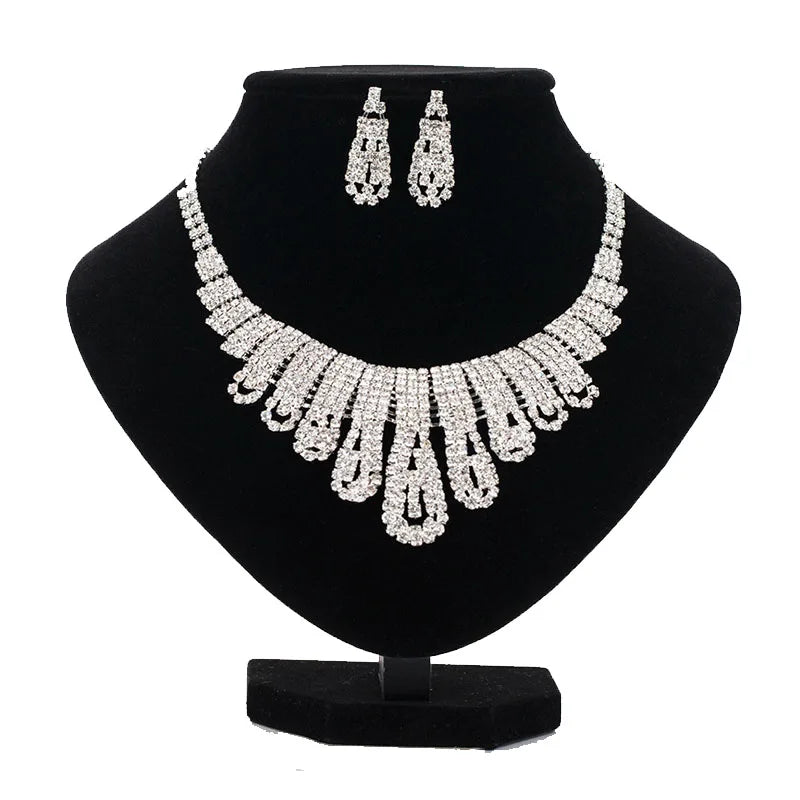 New Style Women Girls Engagement Bridal Jewelry Rhinestone Statement Crystal Chunky Diamond Necklaces Sets