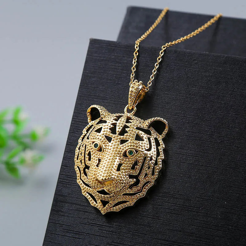 Hip Hips Copper Gold Plated Tiger Head Pendant Necklaces Emerald Green Zircon Hollow Tiger Animal Necklaces