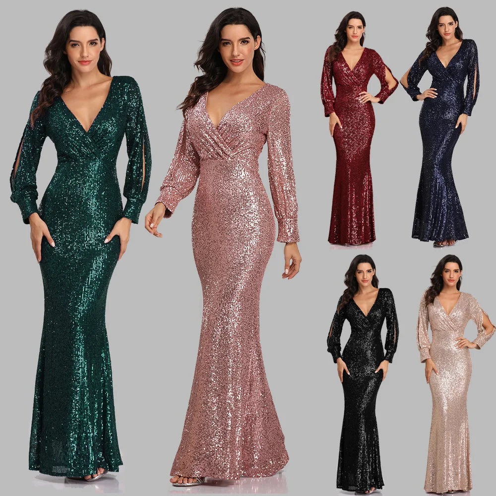 Top Quality Luxury Womens Dinner Dress With Long Sleeve Ladies Evening Gown Dress Elegant Sequins Party Dresses