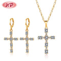 Cubic Zirconia Western Cross Catholic Prayer Necklace and Earrings Set 18k Gold Plated Jewelry Sets Wholesale in Bulk