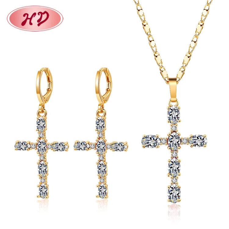 Cubic Zirconia Western Cross Catholic Prayer Necklace and Earrings Set 18k Gold Plated Jewelry Sets Wholesale in Bulk