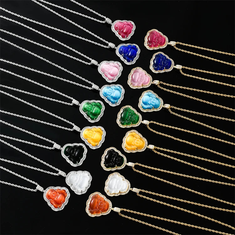 Hot Selling Crystal Edge Buddha Pendant Multi Color Natural Jade Religious Maitreya Pendant Necklace