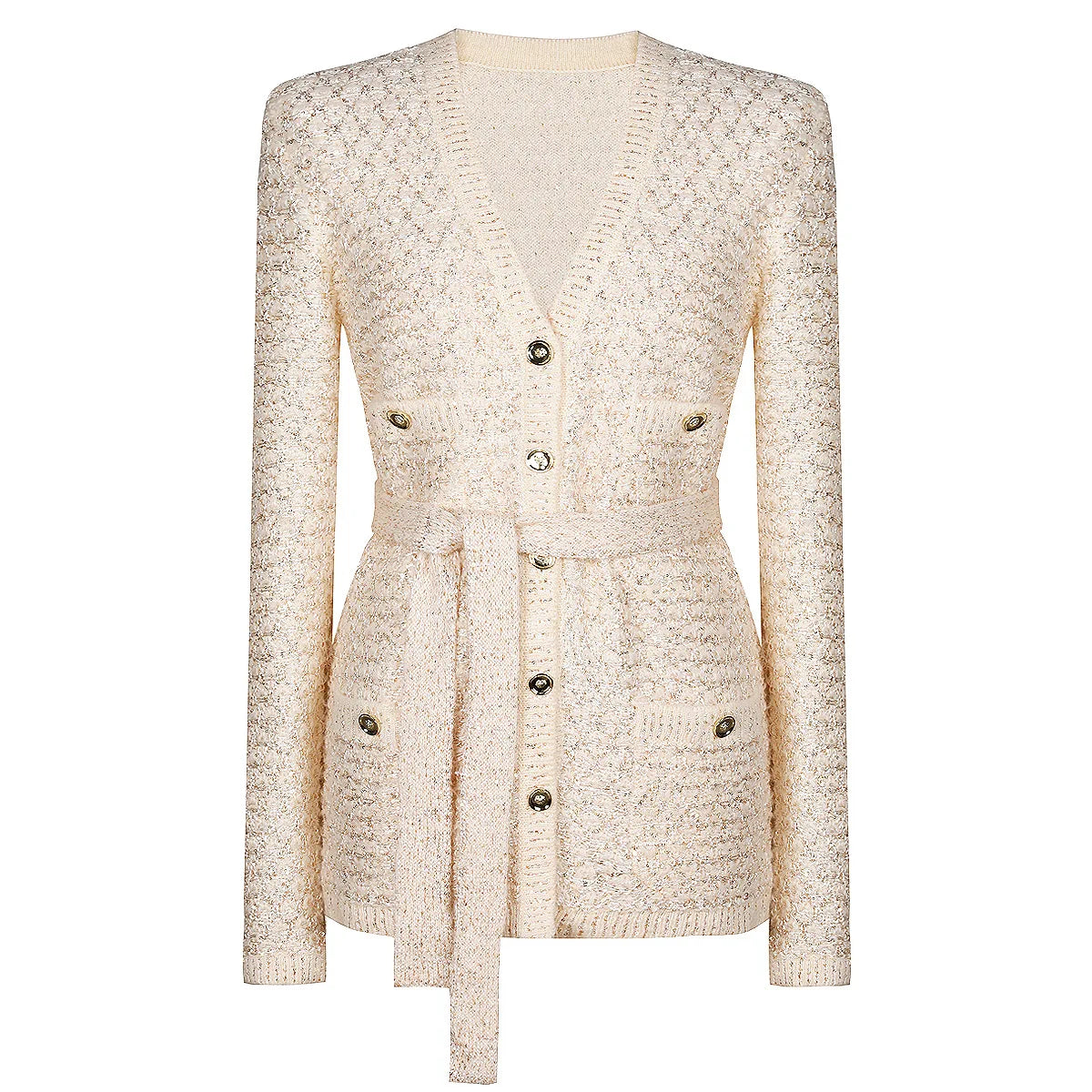 2025 High-End Women's Spandex/Polyester Sequin Knitted Geometric Pattern V-Neck Long Sleeved Single Breasted Blazer Jacket for