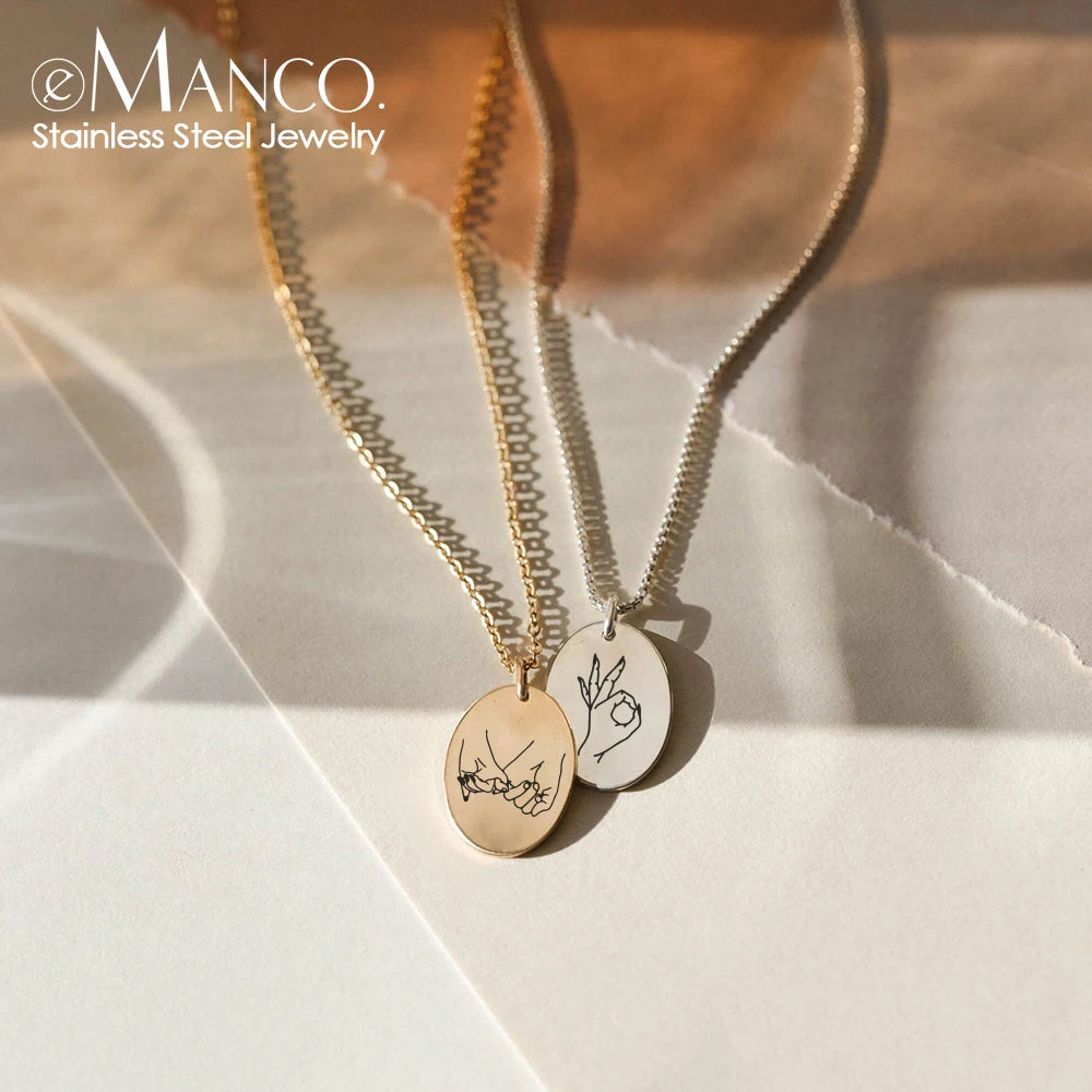 EManco Laser Engrave Personal Crown Cross Symbols Necklace Gold Stainless Steel Oval Pendant Necklace Choker Jewelry for Women