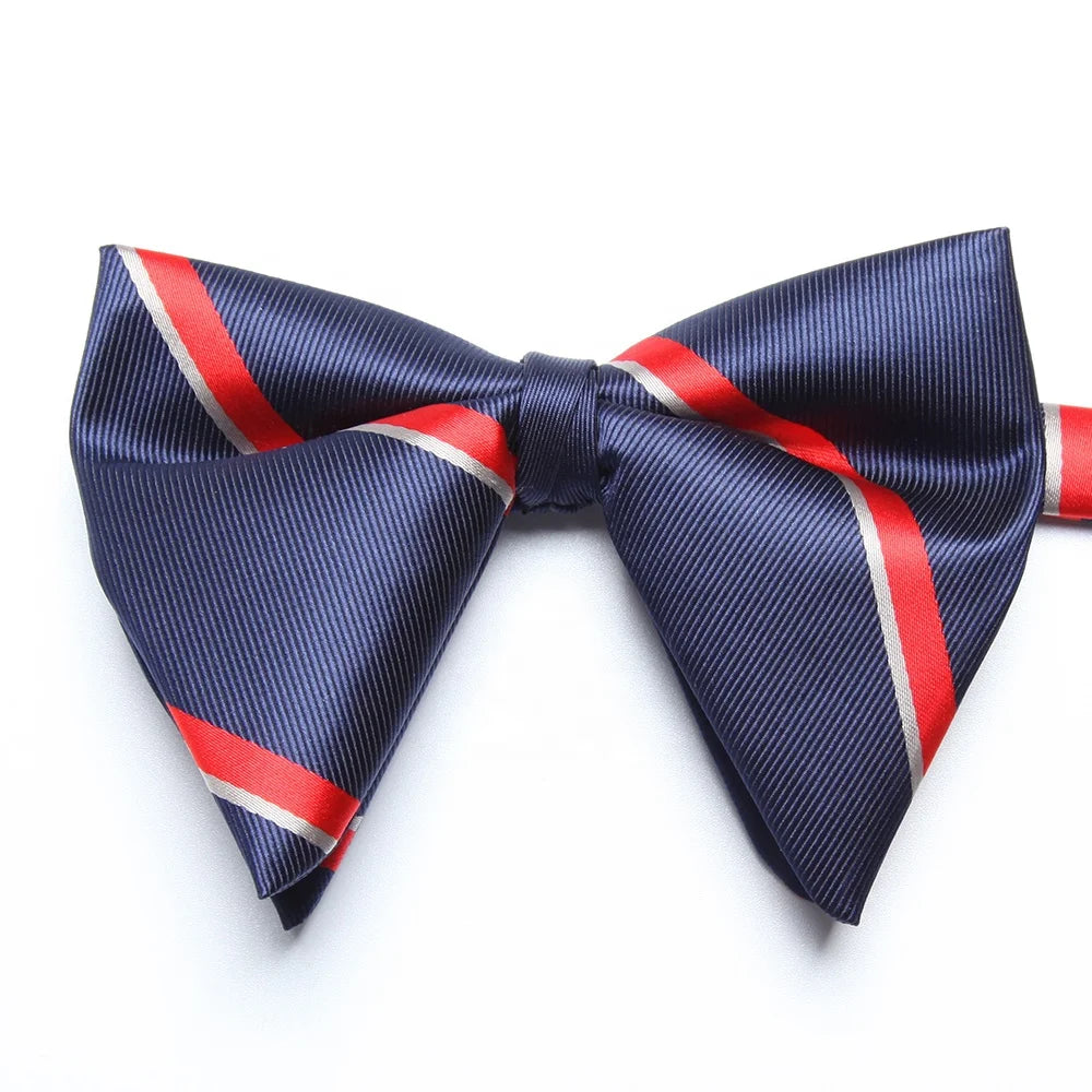 OEM Custom School Uniform Boys & Men Oversized Butterfly Gold Navy Red Stripe Bow Jacquard Polyester Ties Custom Logo Label