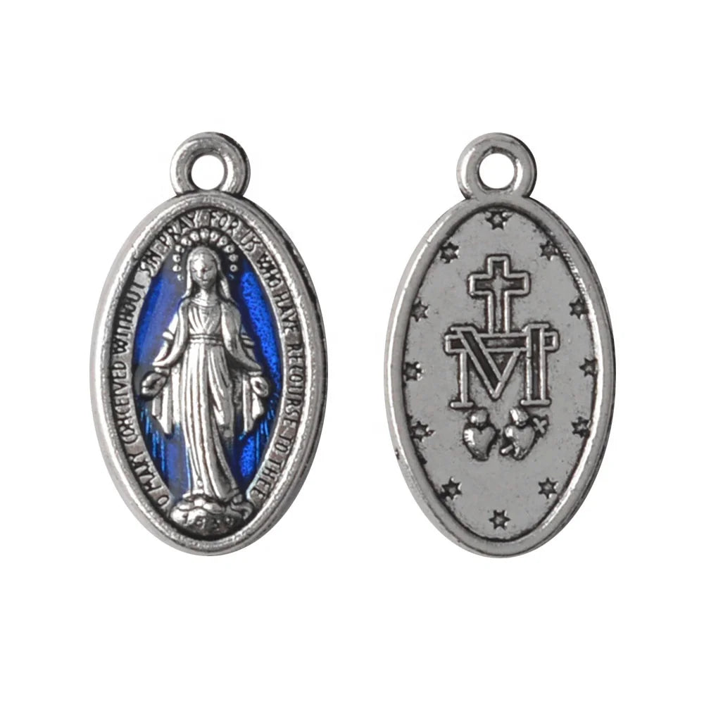 Virgin Mary Medal Blue Silver  Medal 20*11mm Alloy  Pendant Catholic Religious Charm Accessory