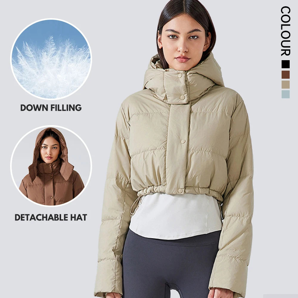 SHINBENE Women's Winter 90% Grey Duck Down Cropped Puffer Jacket Long Sleeve Oversize Zip-Up Short Down Coat