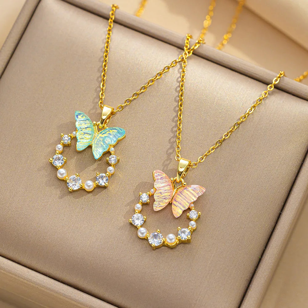 DAIHE Fashion New Butterfly Necklace 18k Gold-Plated Zircon Necklaces for Women Stainless Steel
