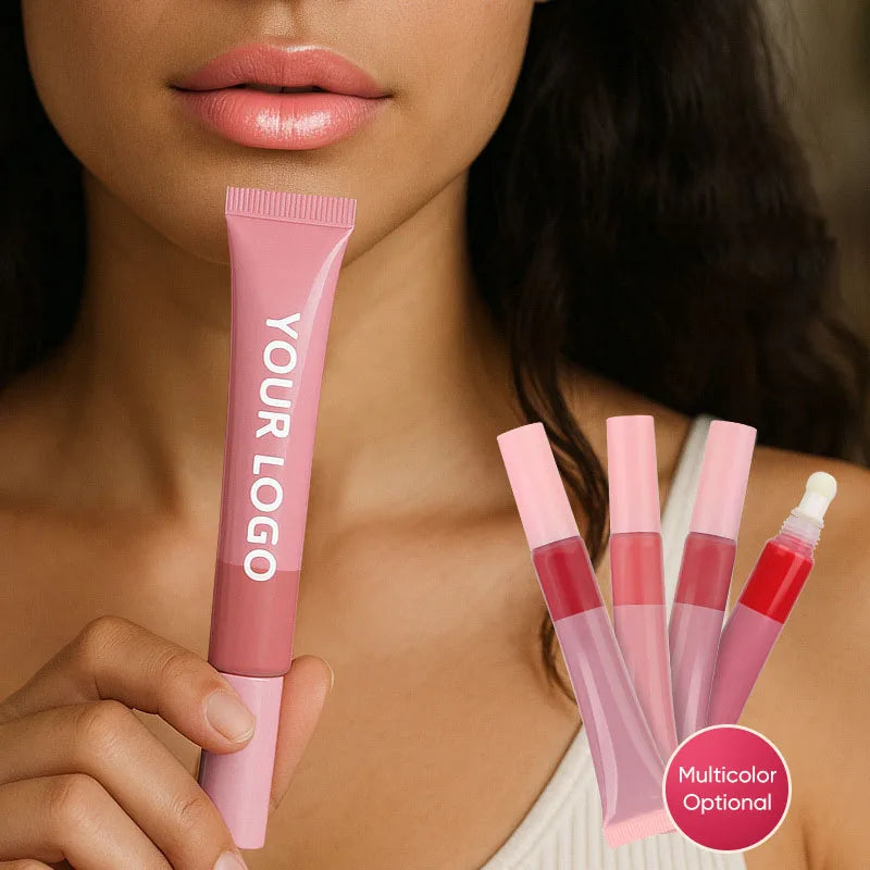 Custom Vegan Organic Tinted Lip Balm Long Lasting Matte Glossy Lip Plumper with Soft Puff and Logo Moisturizing Lips Cream