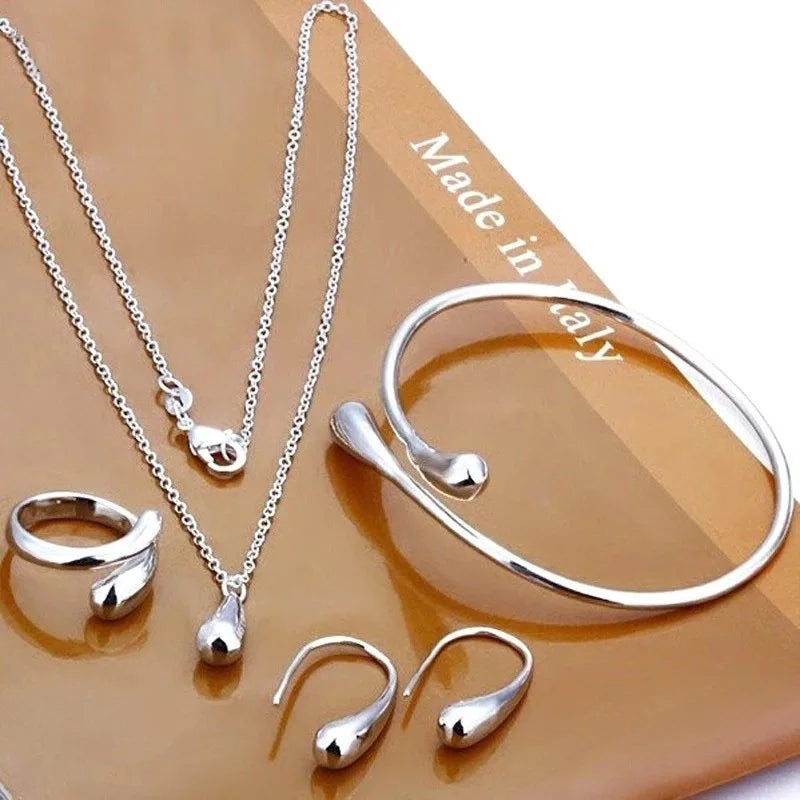 BINSHUO Dainty Tear Pendant Necklace Set Water Drop Charm Bracelet Necklaces Ring Hook Oval Earing Four Piece Jewelry Sets Women