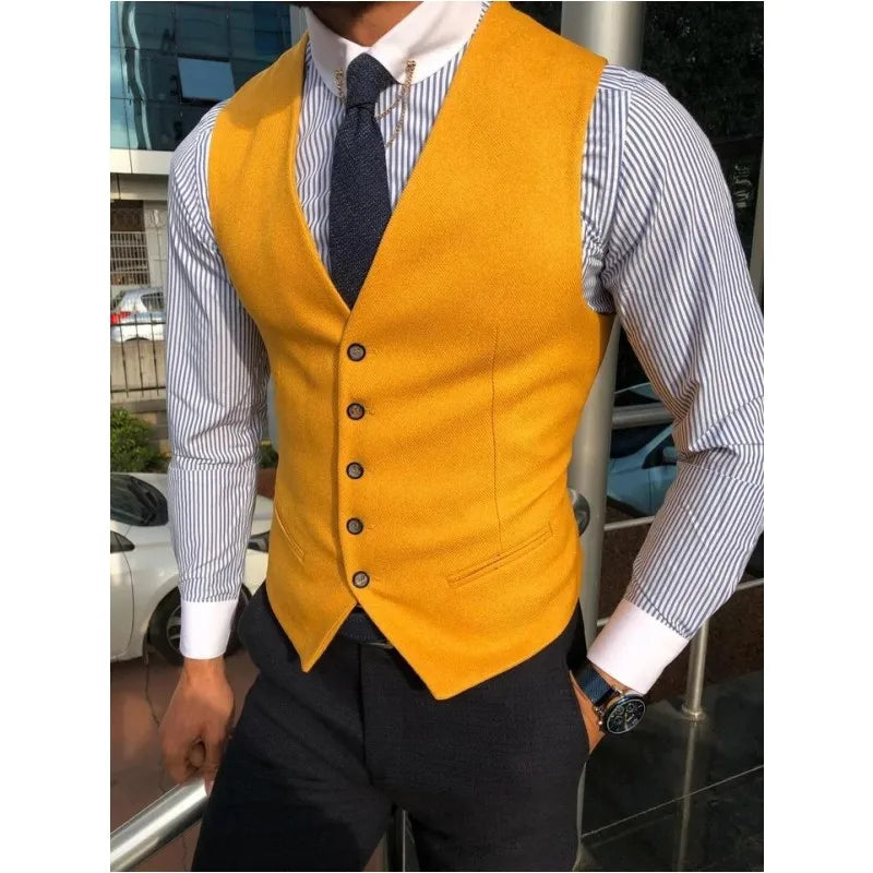 New Arrival Mens Vest Suits Yellow Business Waistcoat Jacket V Neck Formal Costume Pour Homme for Wedding Formal Male Tuxedo