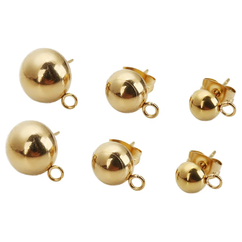 Stainless Steel Round Solid Half Ball Ear Post with Open Rings DIY Drop Earring Jewelry Making Accessories