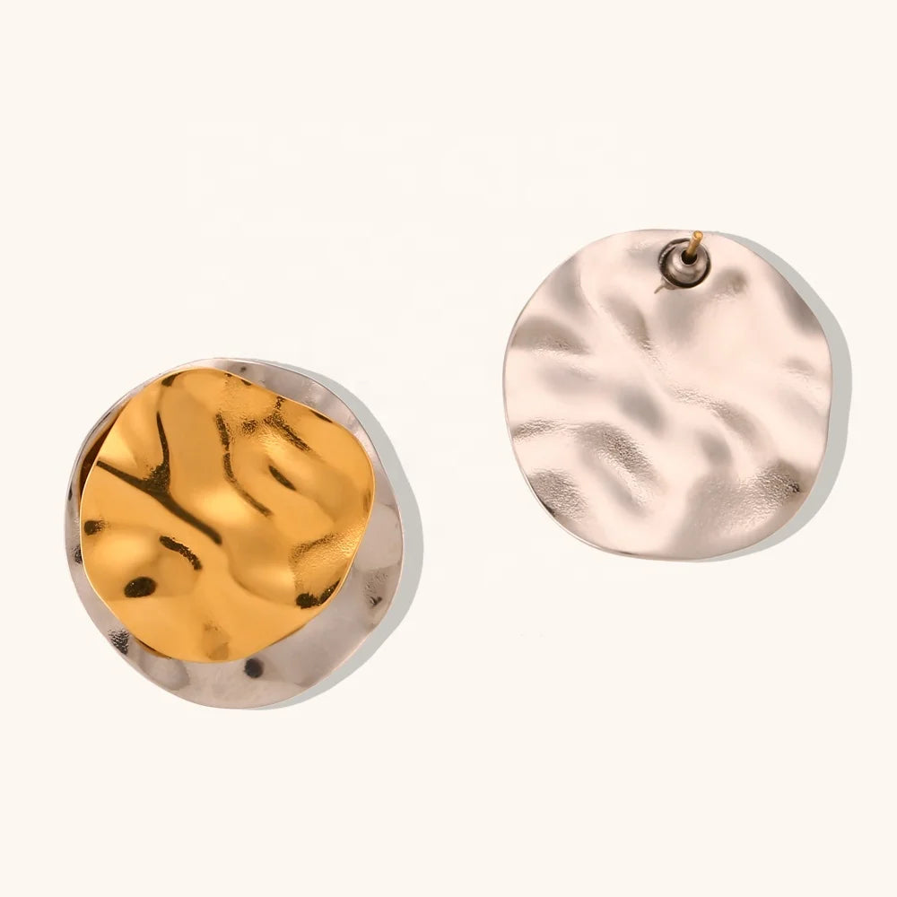 Dingran 2025 Stainless Steel Stud Earrings Unique Gold-Plated Hammered Texture Double Layer Round Design Trendy Style