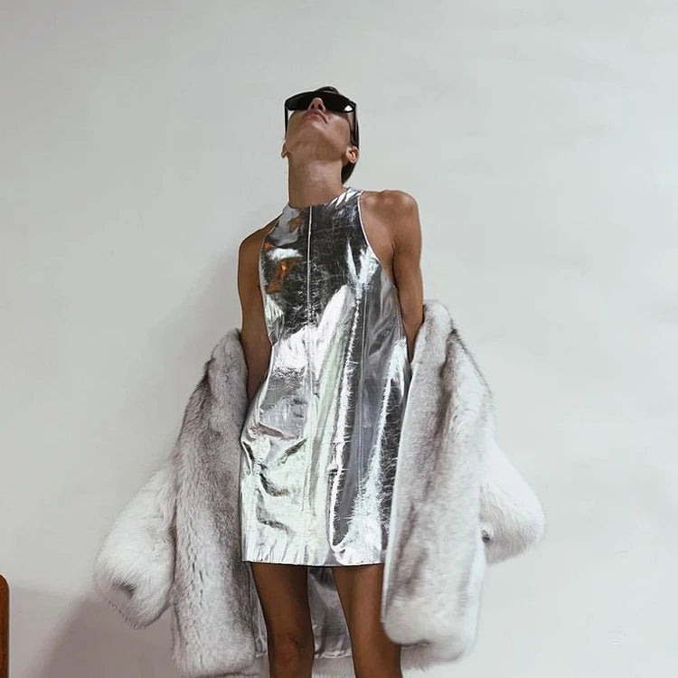 Hot Fashion Lady PU Crew O Neck Zip Sleeveless Tank Dresses Summer Bodycon Night Club Mini Short Metallic Silver Dress for Women