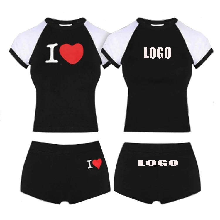 Women Short Sleeve and Boy Shorts Sets Custom Logo Colors Loungewear Cotton Ribbed Women Sweatshirt Pant 2 Pieces Set