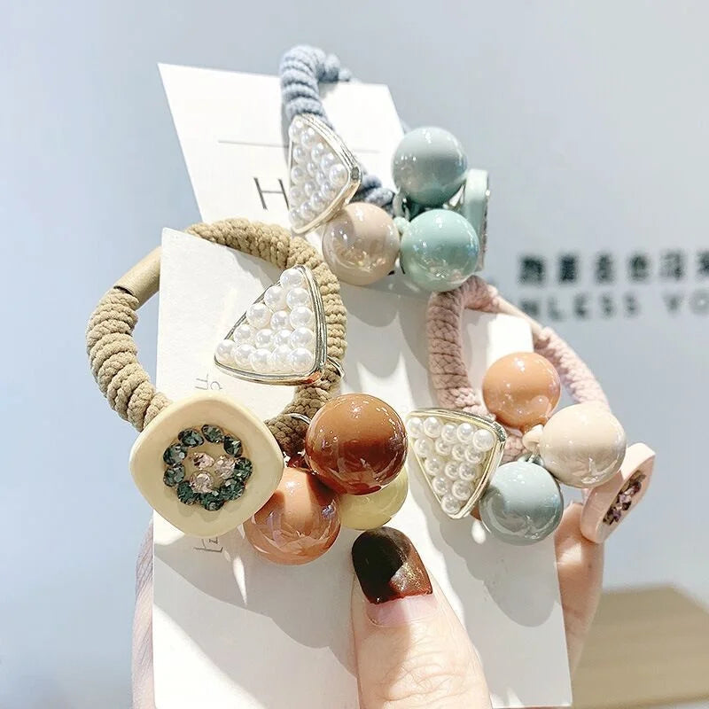 New 2025 Designer Korean Sweet Girl Spring Summer Rhinestone Pearl Ball Spiraled Elastic Rope Band Hair Ties Rubber Hair Crystal