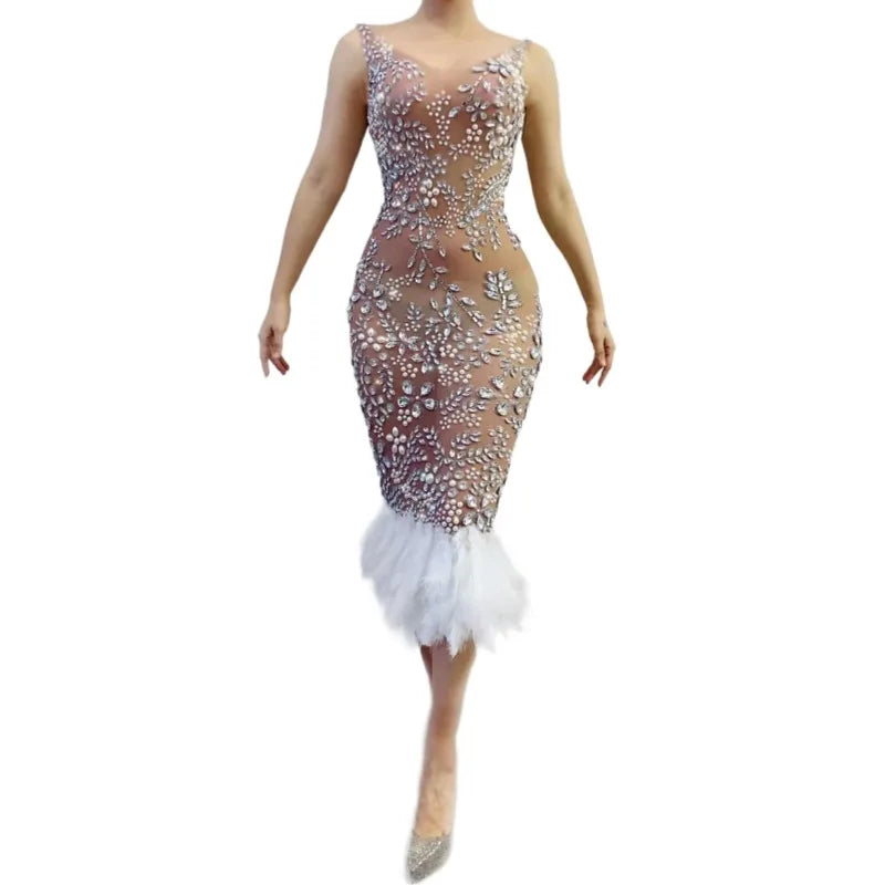 Shiny Crystal Sexy Show Mesh See Through Backless Crystal Feathers Wedding Evening Gowns Women Midi Birthday Party Prom Dress