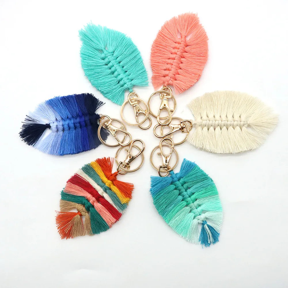 New Arrival Hand-woven Cotton String Multi-color Leaf Pendant Tassel Macrame Feathered Keychain