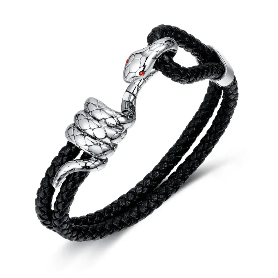 Punk Charm Stainless Steel Snake Hip Hop Leather Bracelets Unisex Bangles for Gothic Real Leather Bracelets PH1507