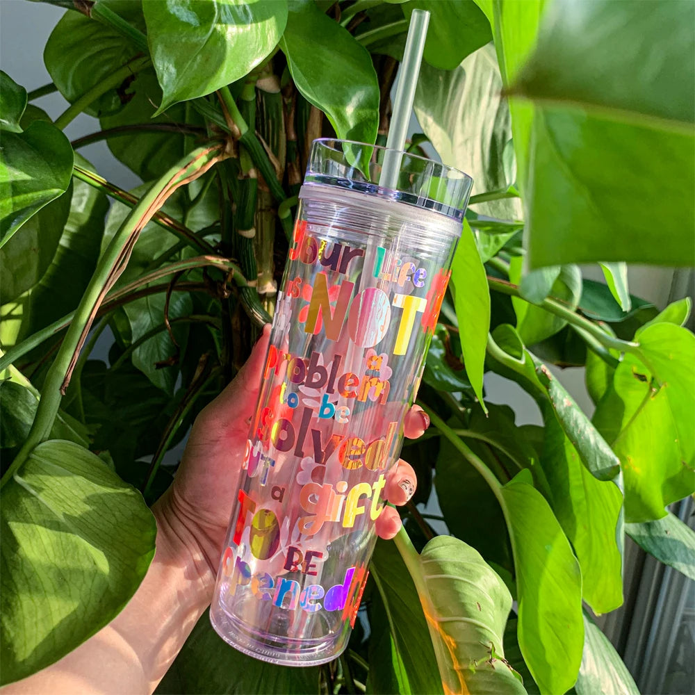 For 16OZ Double Wall Clear Plastic Mug with Straw & Lid for Drink Water Boiling Water Safe Custom Logo