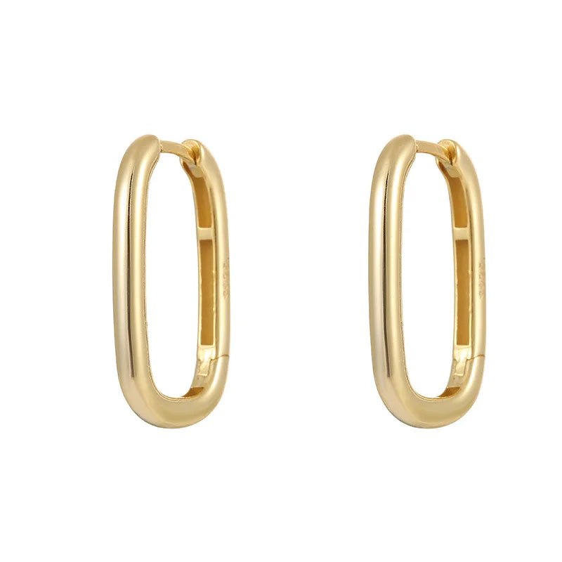 Fine Jewelry 925 Sterling Silver Chic Punk Style Large Earring Geometric Oval square Shape Plain Gold Plated Hoop Earrings Women