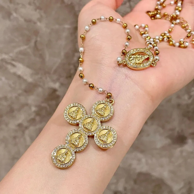 2025 Religious Jewelry Virgin Mary Cross Necklace Pearl Beaded Necklace 18K Gold Plated Cross Necklace  Gifts for Women Girls