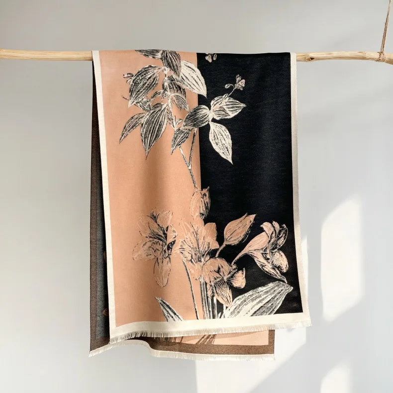 Wholesale Retro Floral Artistic Scarf for Women Thickened Polyester Air-Conditioner Shawl Warm Neck Wrap for Autumn Winter