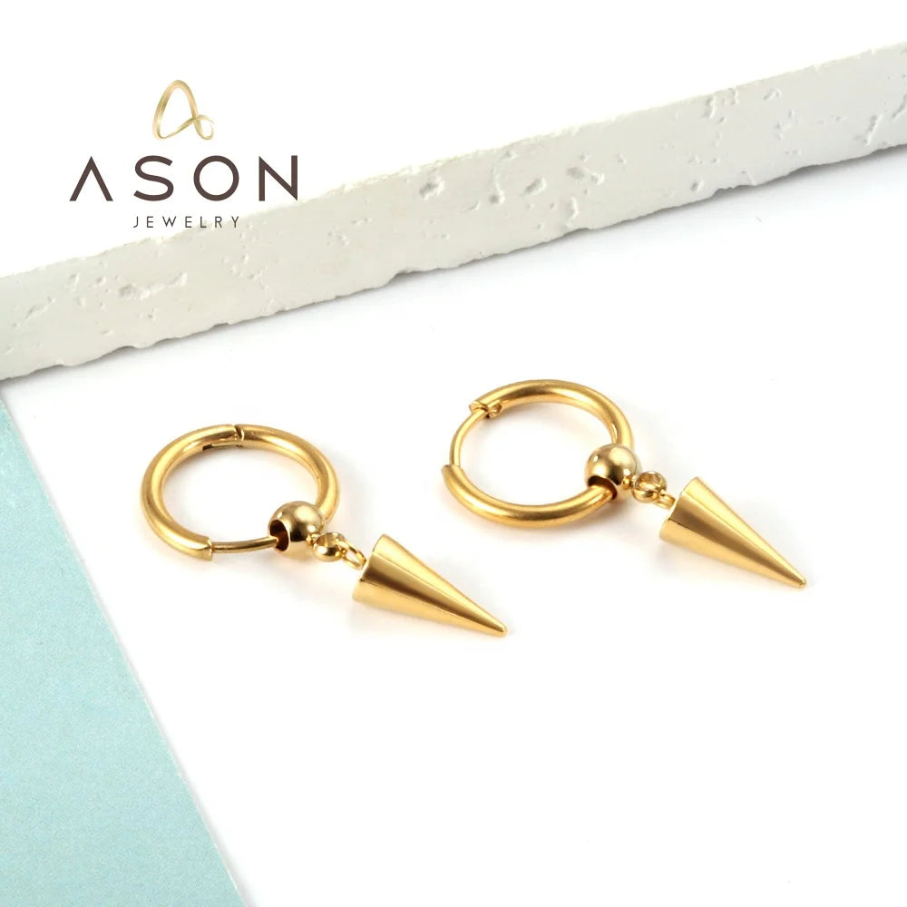 Ason Trend Stainless Steel Gold Plating Simple Triangle Cone Personality Drop Earrings Jewelry for Men and Women Hoop Earrings