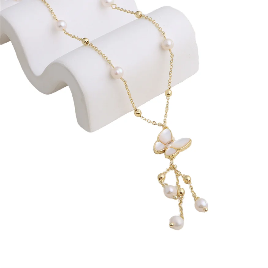 New Arrival Women Jewelry Natural Fresh Water Pearl Chocker Necklace Charm 18k Gold Chain Pearl Pendant butterfly Necklace