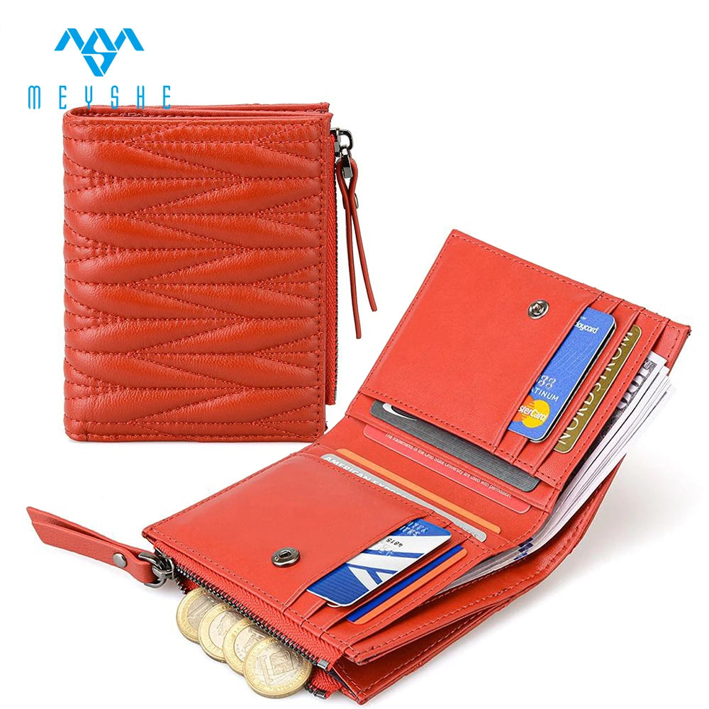 Custom Luxury Sheepskin Leather Waterproof RFID Blocking Fashionable Women Short Wallet Purse with Zip for Travel