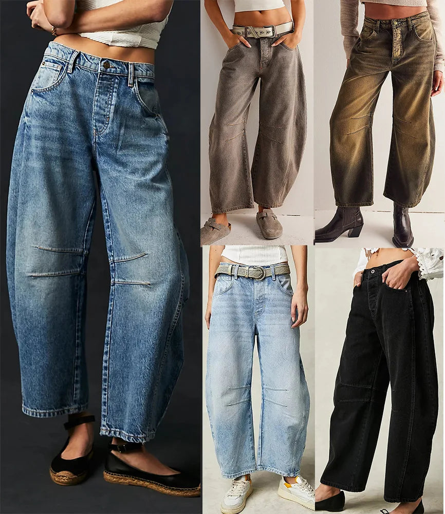 Summer Autumn Loose Tube Shaped Cotton Denim Jeans Mid Waist Washable Print Pattern Ripped Decoration