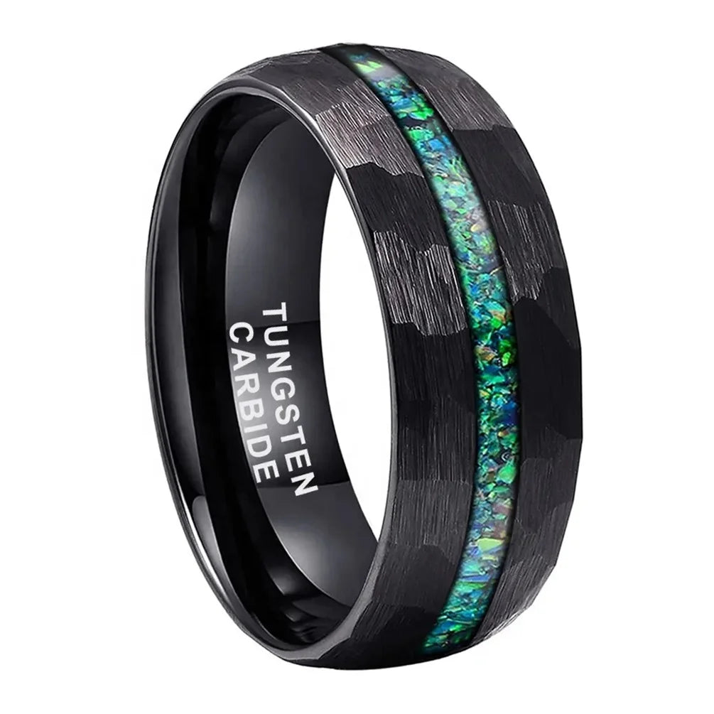 8MM Alin Hammered Black Plated Green Opal Inlay Moissanite Tungsten Carbide Wedding Alliance Ring Jewelry Wholesale